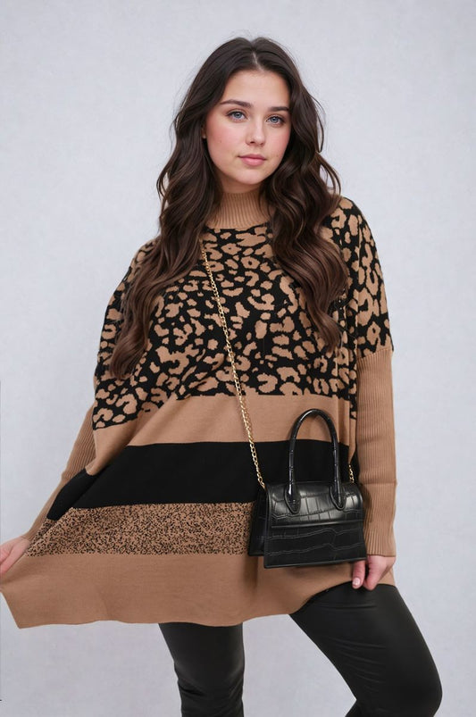 Oversized Leopard Print High Neck Knitted Jumper-0