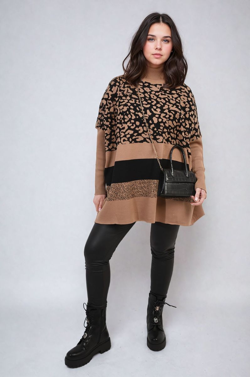 Oversized Leopard Print High Neck Knitted Jumper-3