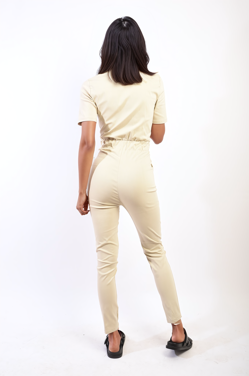 Collared V-Neckline Zip Up with Tie Belt Jumpsuit-2