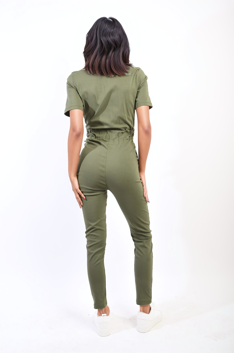 Collared V-Neckline Zip Up with Tie Belt Jumpsuit-5