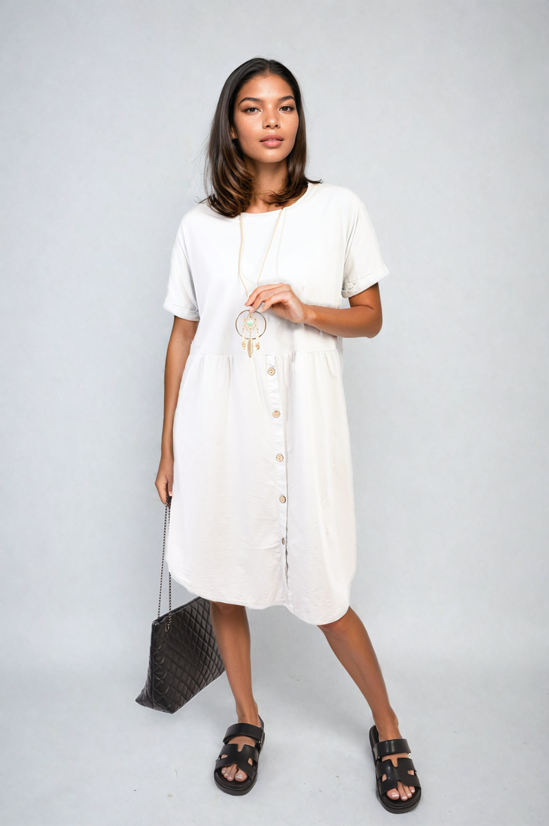 Short Sleeve Button Front Midi Dress-8