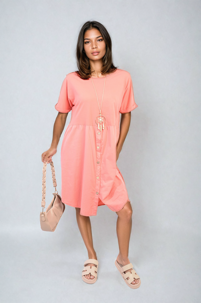 Short Sleeve Button Front Midi Dress-5