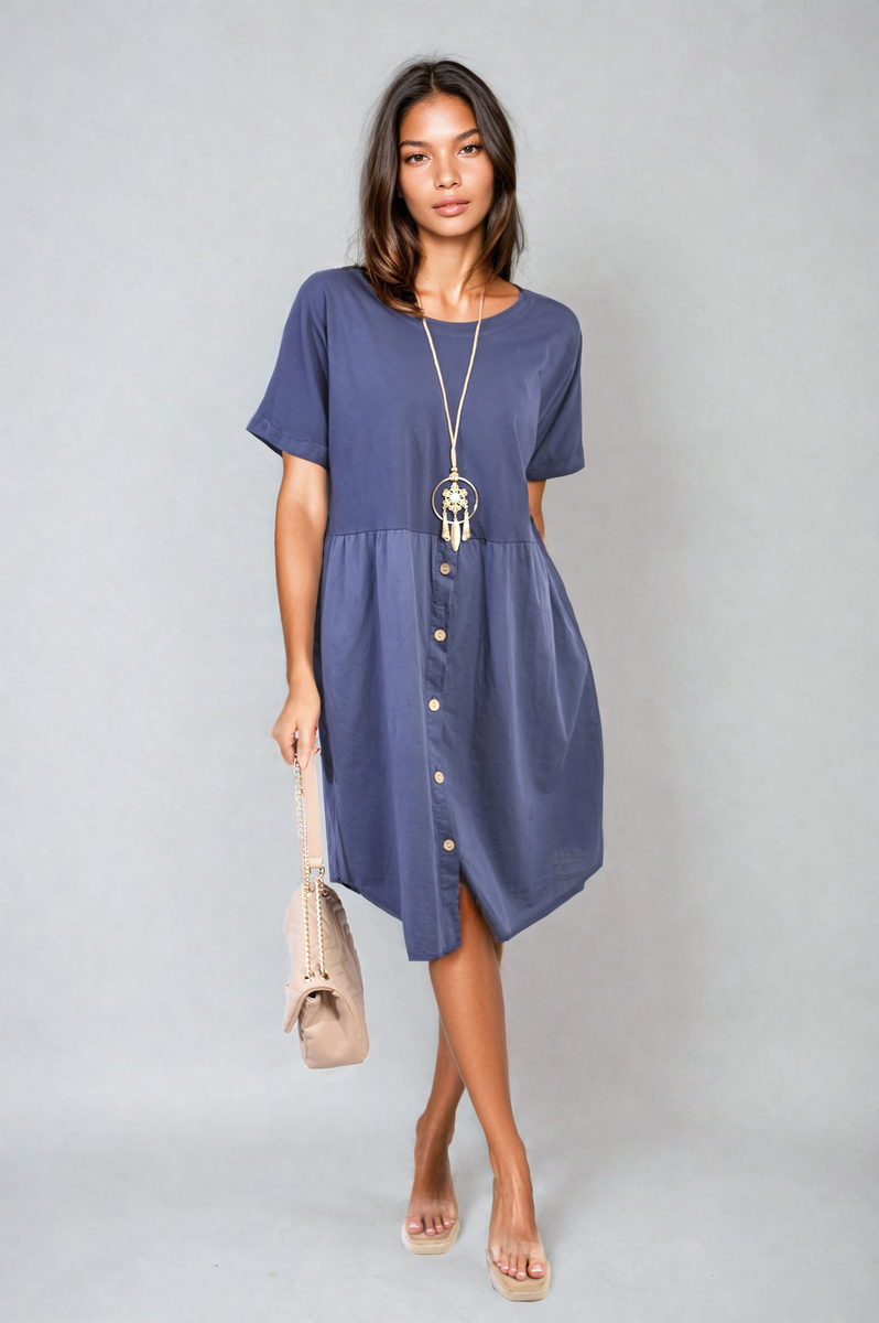 Short Sleeve Button Front Midi Dress-3