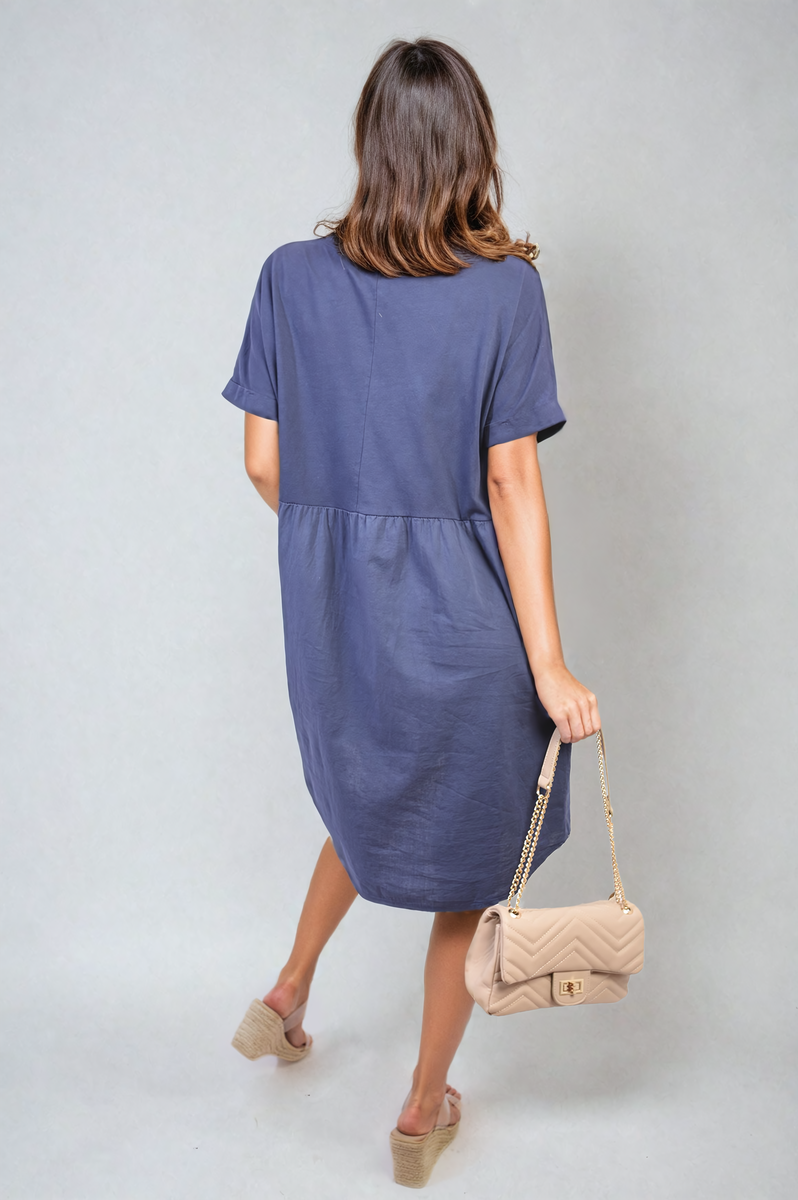 Short Sleeve Button Front Midi Dress-2