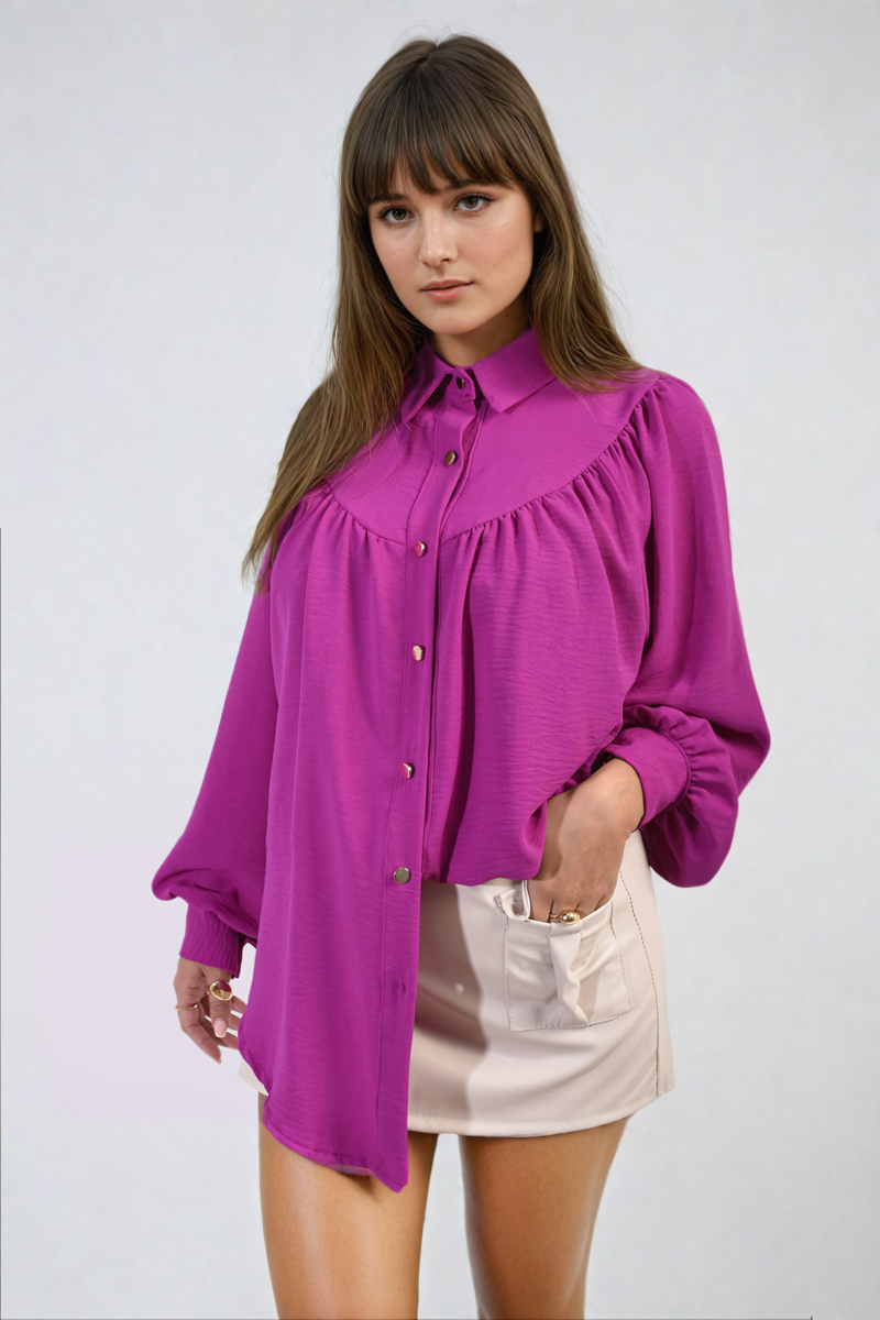 High Neckline Button Front Balloon Sleeve Top-2