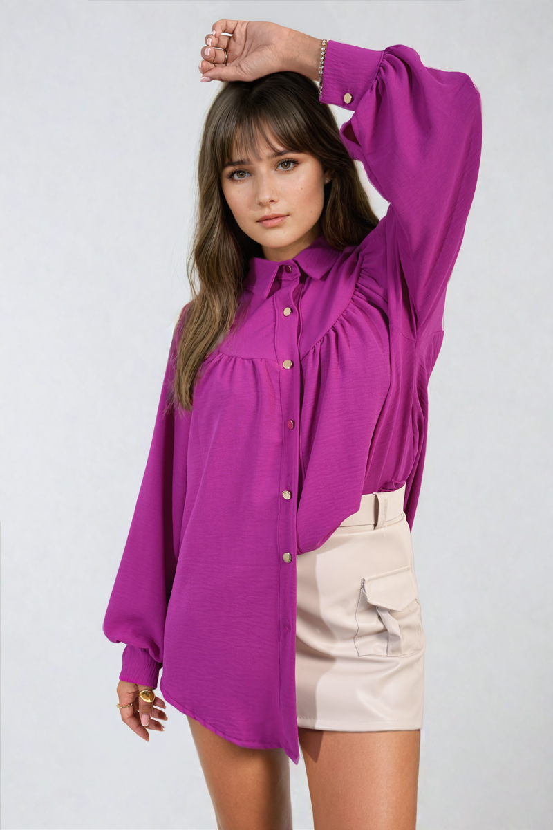 High Neckline Button Front Balloon Sleeve Top-1