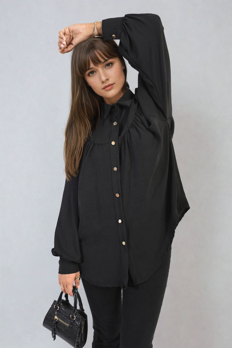 High Neckline Button Front Balloon Sleeve Top-11