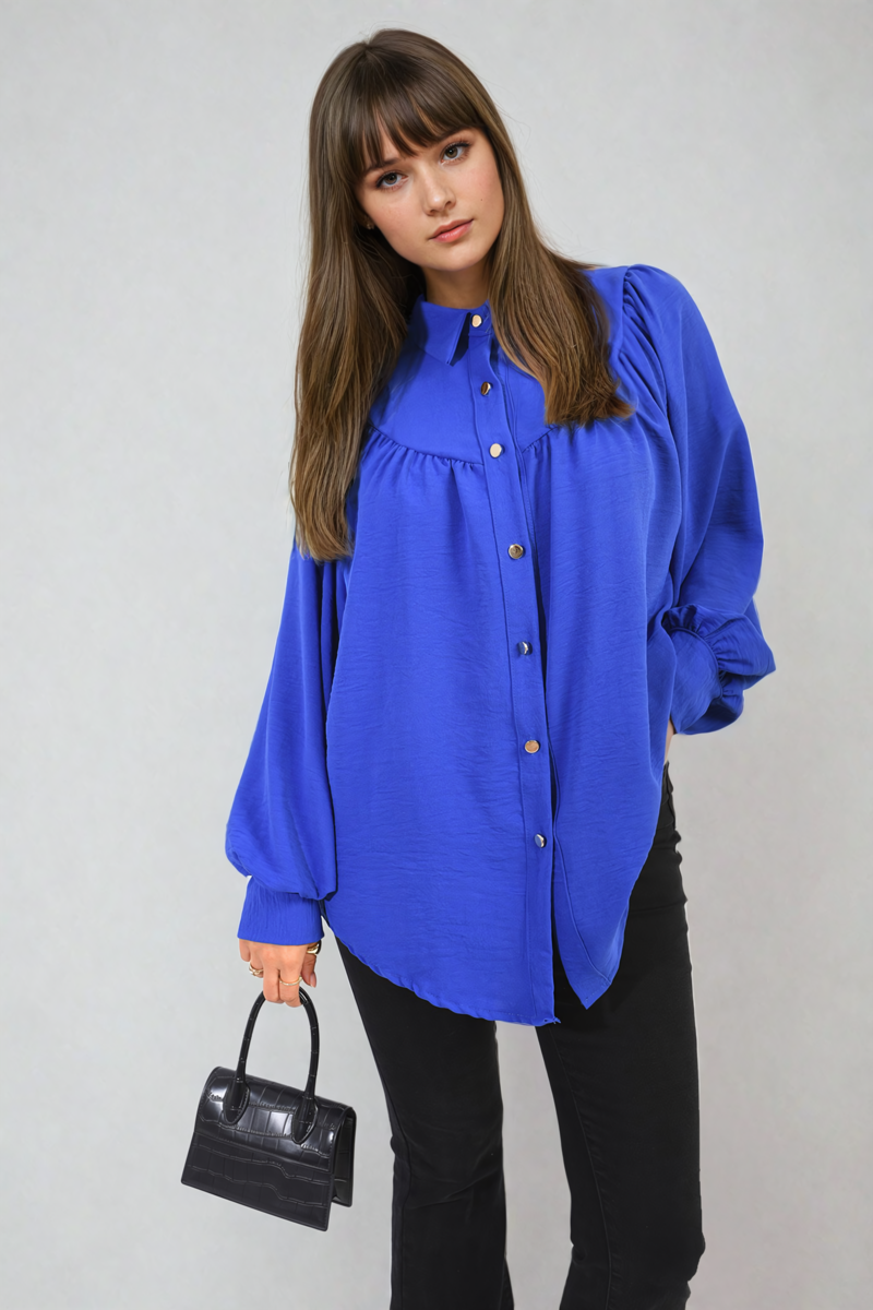 High Neckline Button Front Balloon Sleeve Top-10