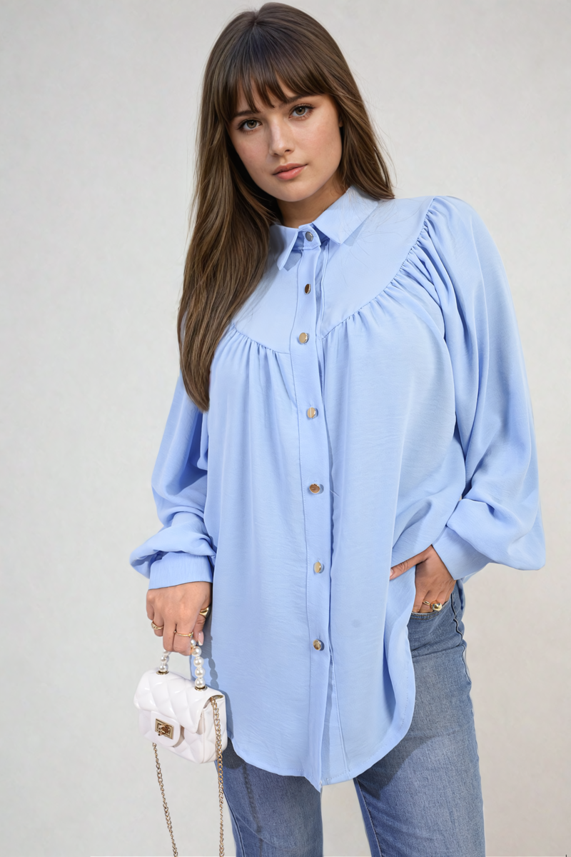 High Neckline Button Front Balloon Sleeve Top-9