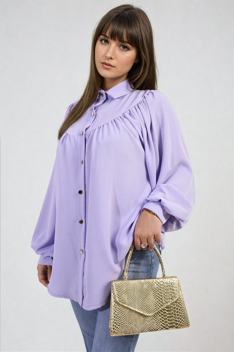 High Neckline Button Front Balloon Sleeve Top-8