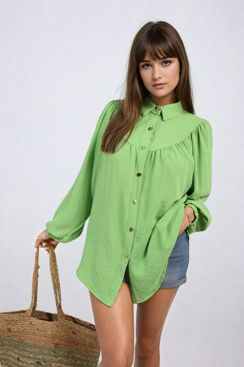 High Neckline Button Front Balloon Sleeve Top-5