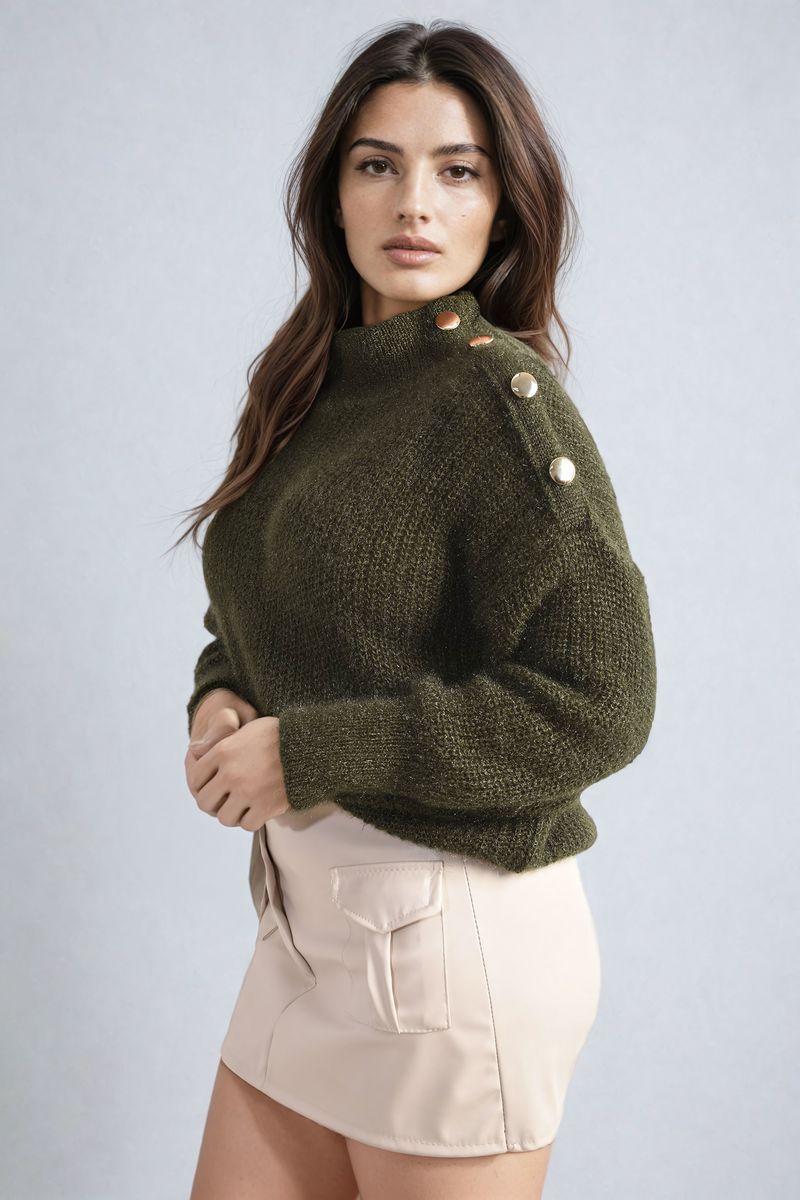 Buttons Long Sleeves Chunky Knit Top-2