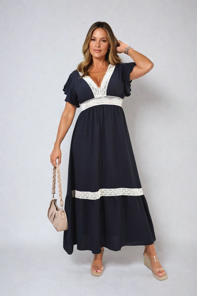 V-neck Lace Trim Maxi Dress-1