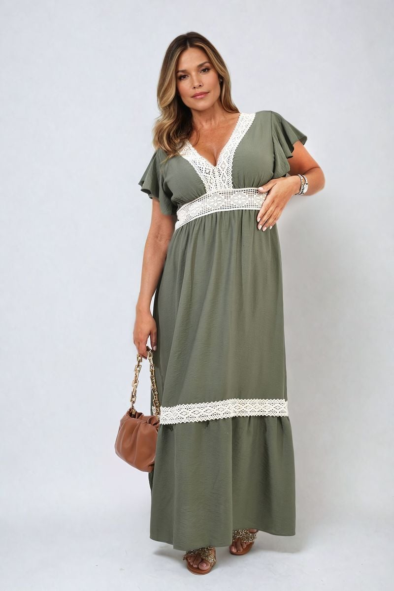 V-neck Lace Trim Maxi Dress-10