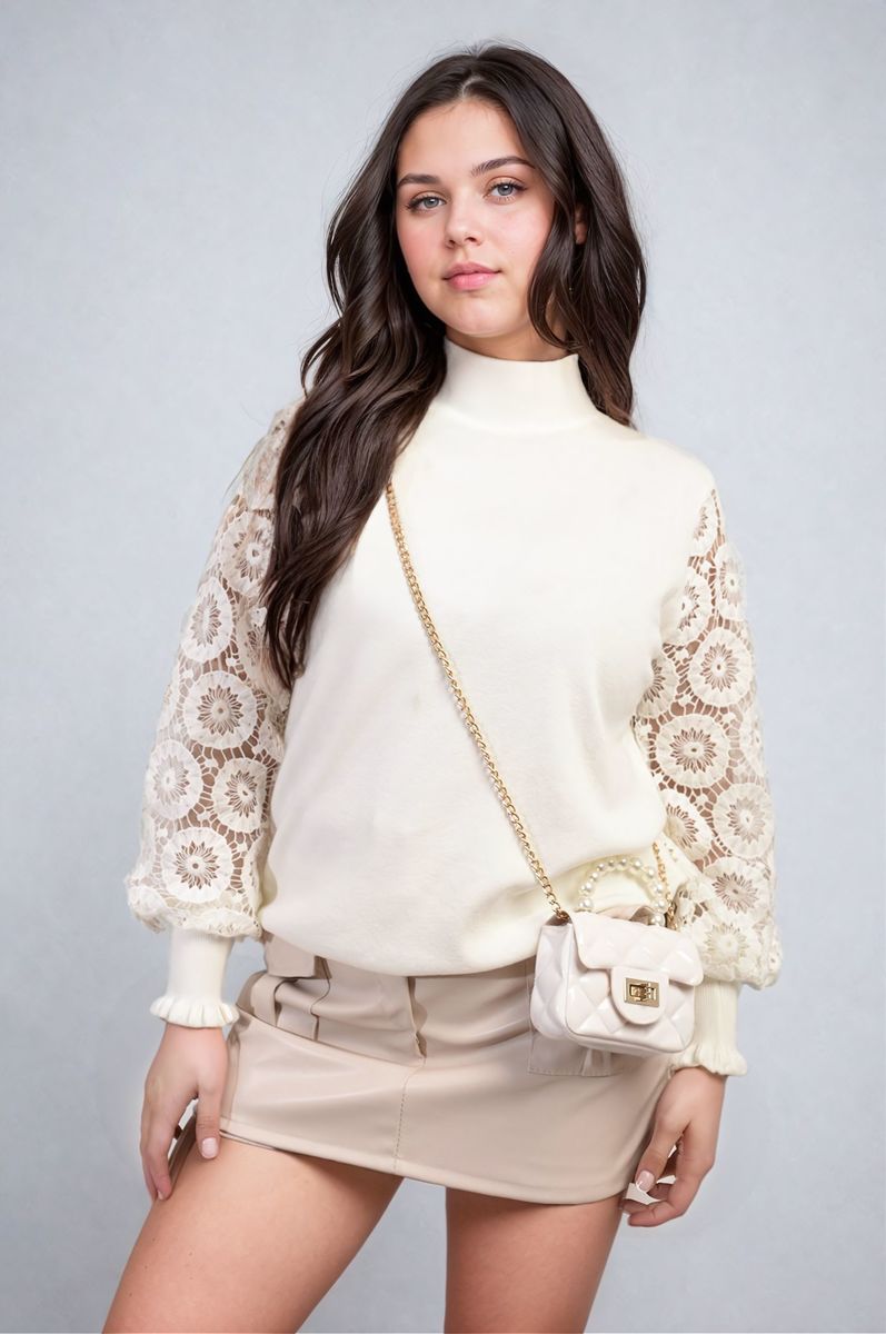 High Neck Knit Crochet Sleeve Jumper-0