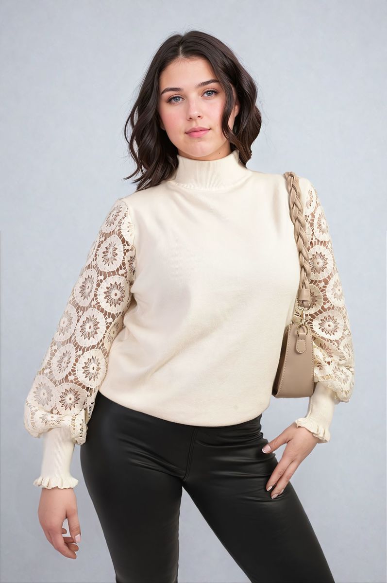 High Neck Knit Crochet Sleeve Jumper-4