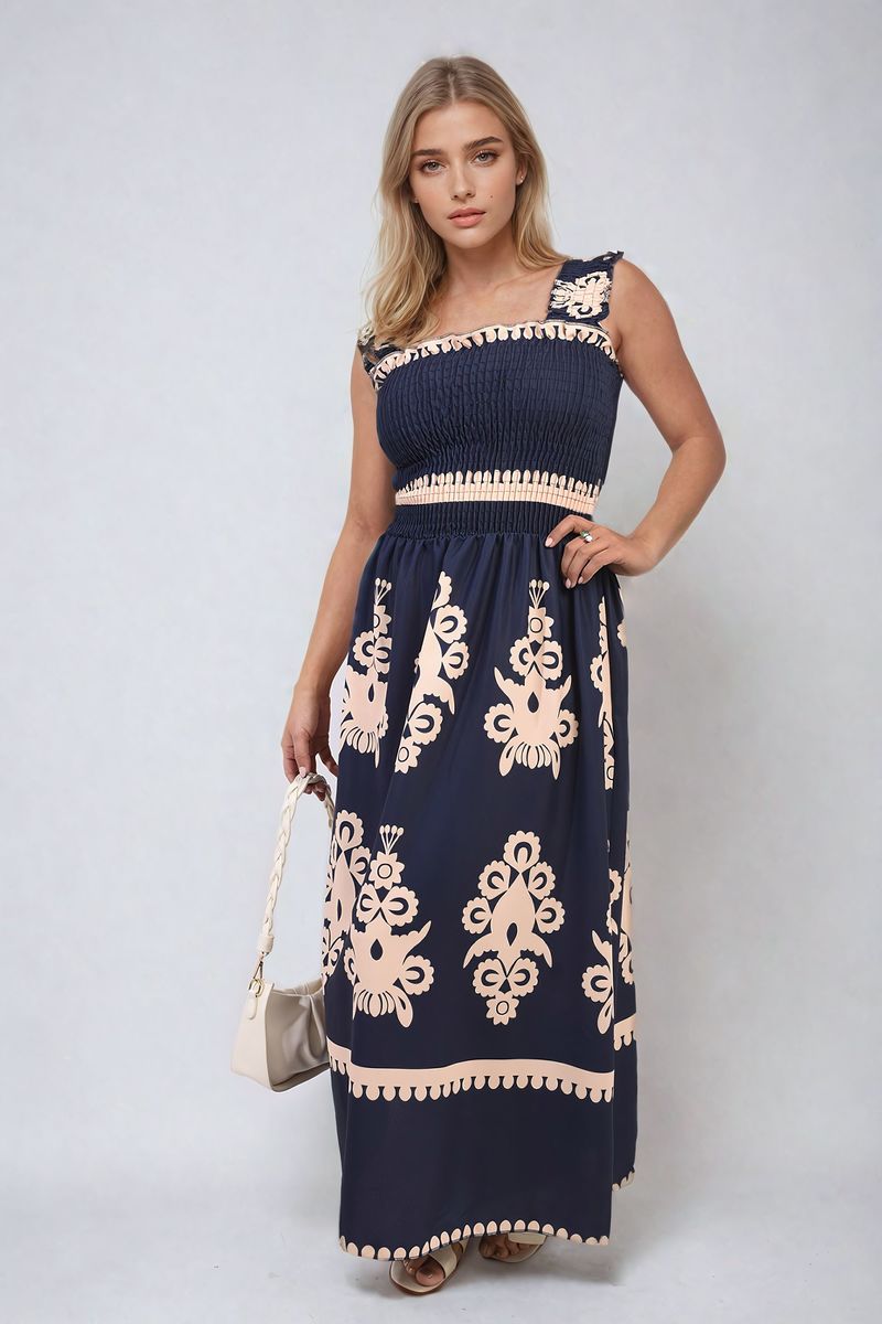 Smocked Sleeveless Flowy Tribal Print Summer Maxi Dress-9