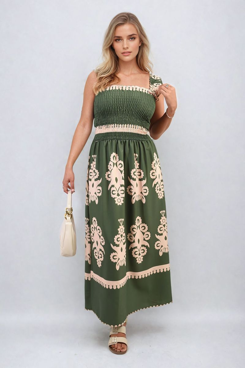 Smocked Sleeveless Flowy Tribal Print Summer Maxi Dress-8