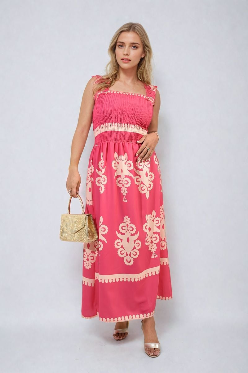 Smocked Sleeveless Flowy Tribal Print Summer Maxi Dress-7