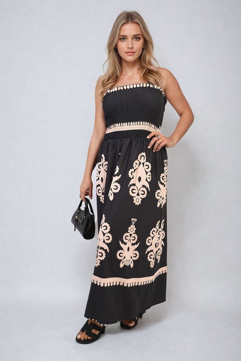 Smocked Sleeveless Flowy Tribal Print Summer Maxi Dress-1