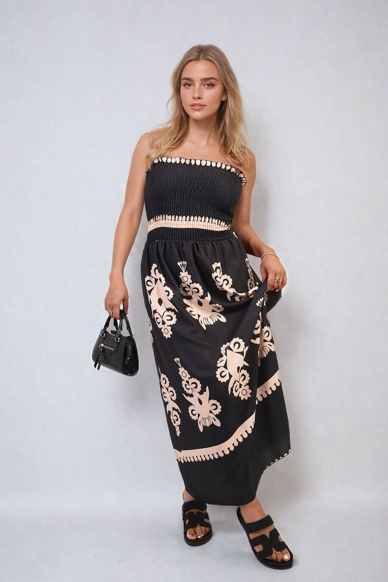 Smocked Sleeveless Flowy Tribal Print Summer Maxi Dress-6