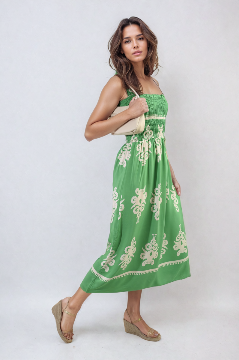 Smocked Sleeveless Flowy Tribal Print Summer Maxi Dress-10