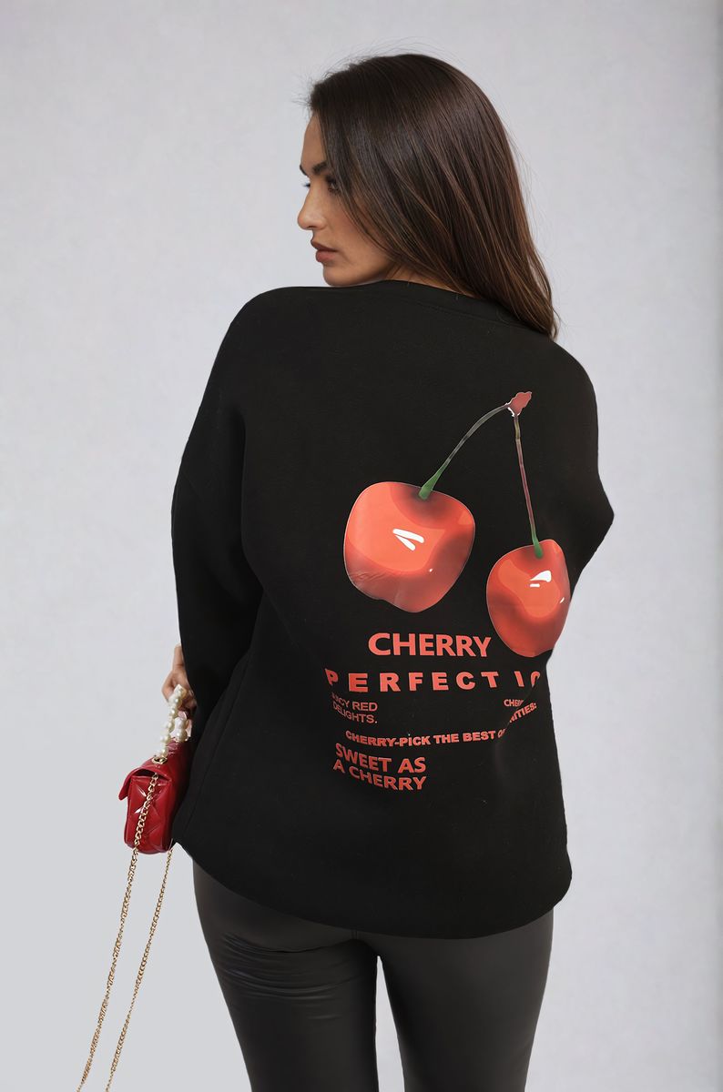 Cherry Printed Front and Back Design Oversized Knitted Jumper-3