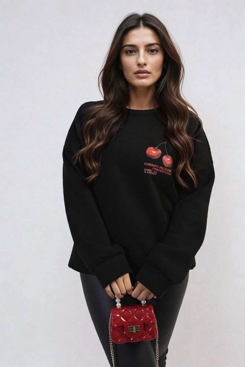 Cherry Printed Front and Back Design Oversized Knitted Jumper-0