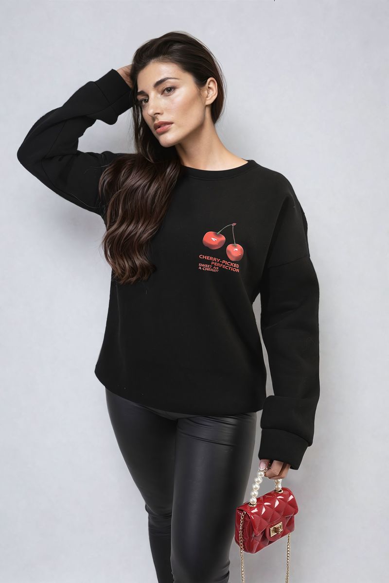 Cherry Printed Front and Back Design Oversized Knitted Jumper-2