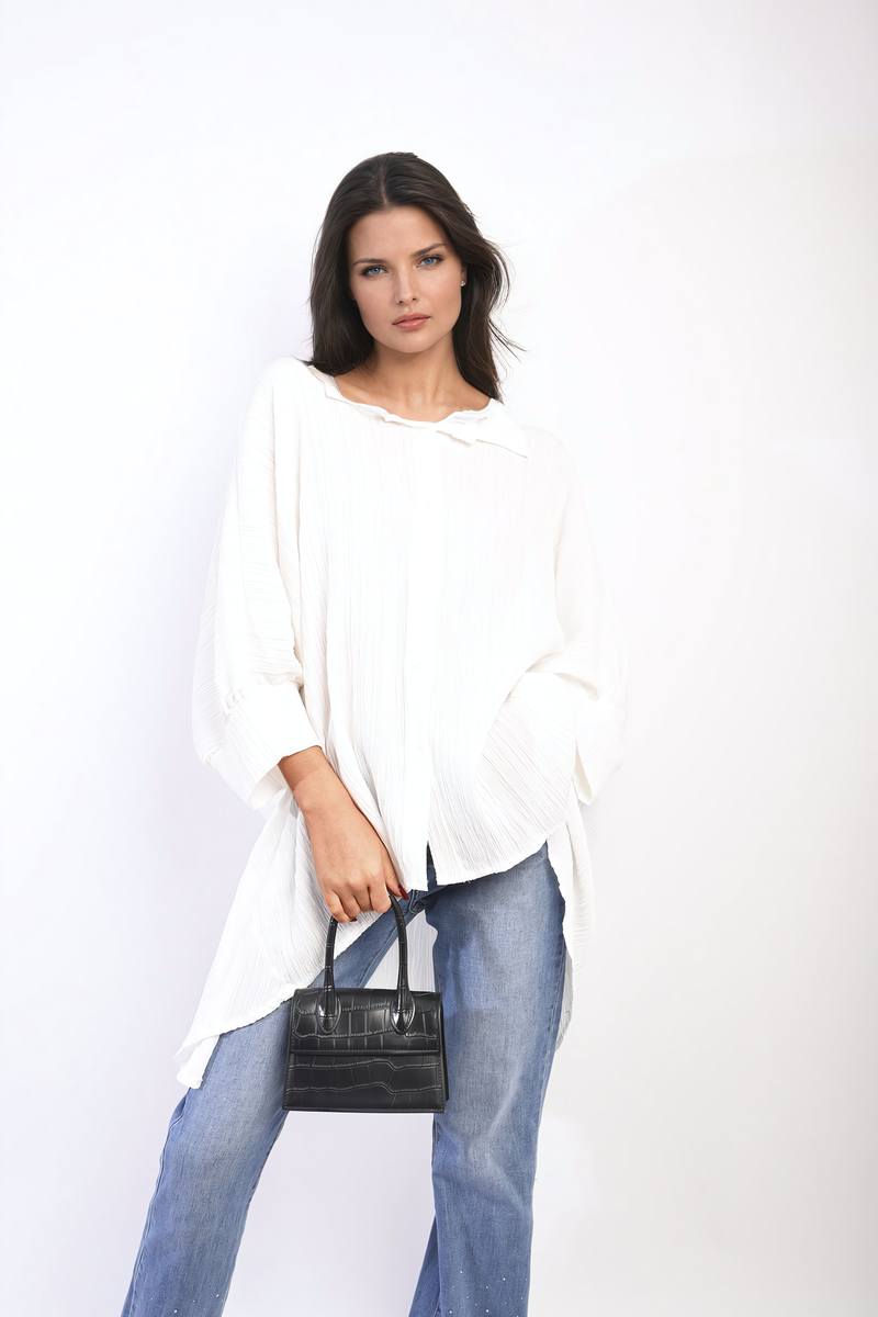 Oversized Long Sleeve Button Front Top-0