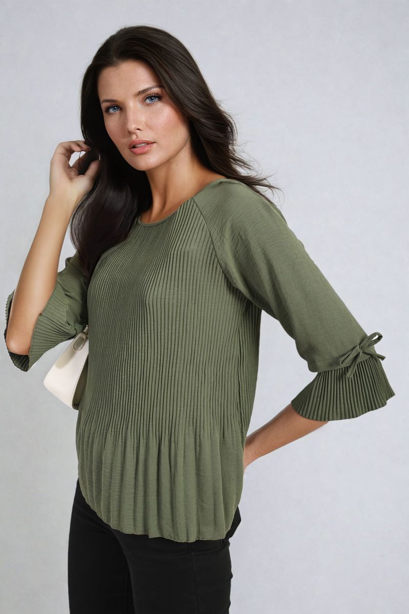 Plisse Pleated Short Bow Sleeve Top-8