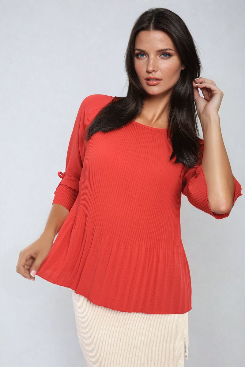 Plisse Pleated Short Bow Sleeve Top-6