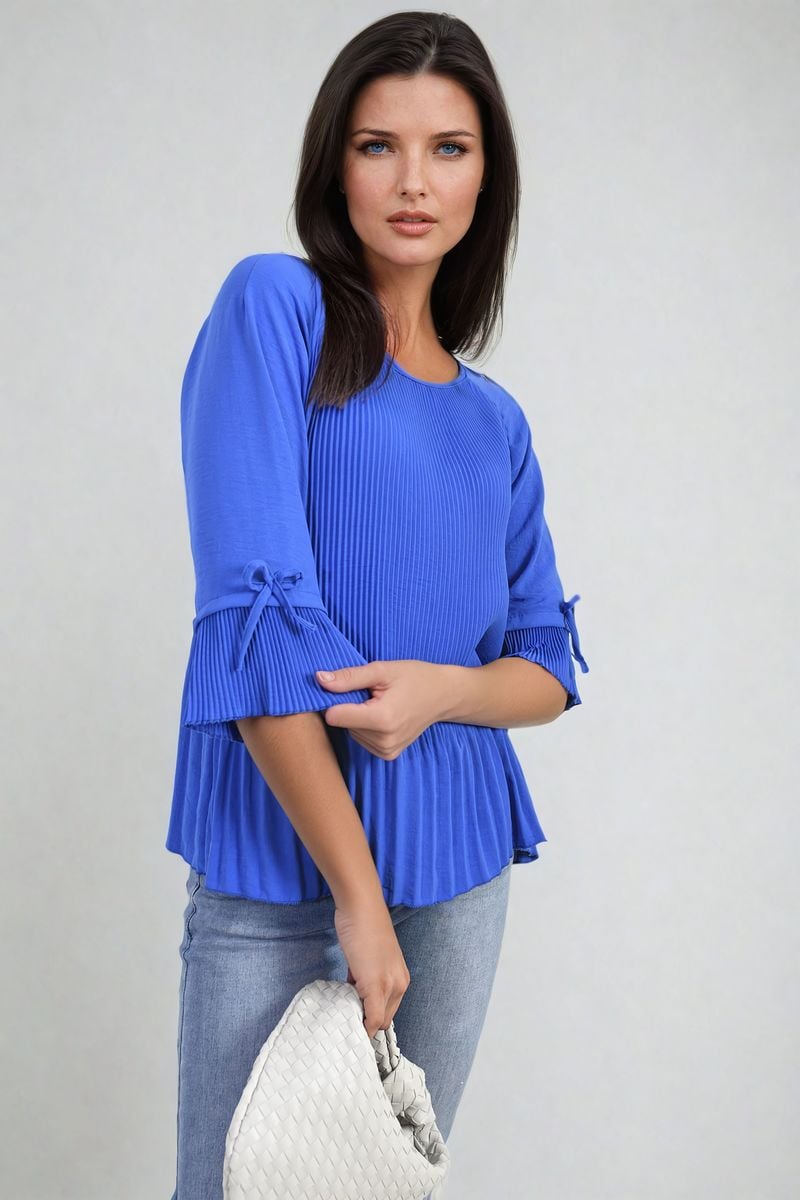 Plisse Pleated Short Bow Sleeve Top-5