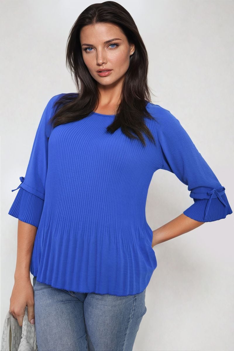 Plisse Pleated Short Bow Sleeve Top-4