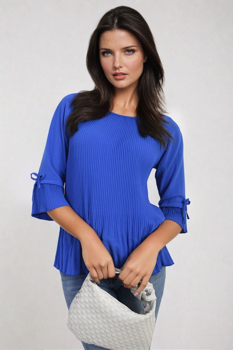 Plisse Pleated Short Bow Sleeve Top-3