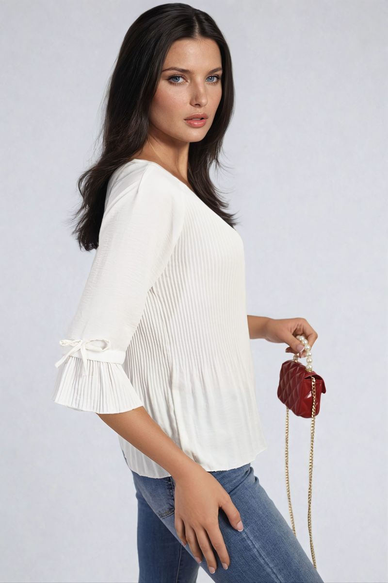 Plisse Pleated Short Bow Sleeve Top-1