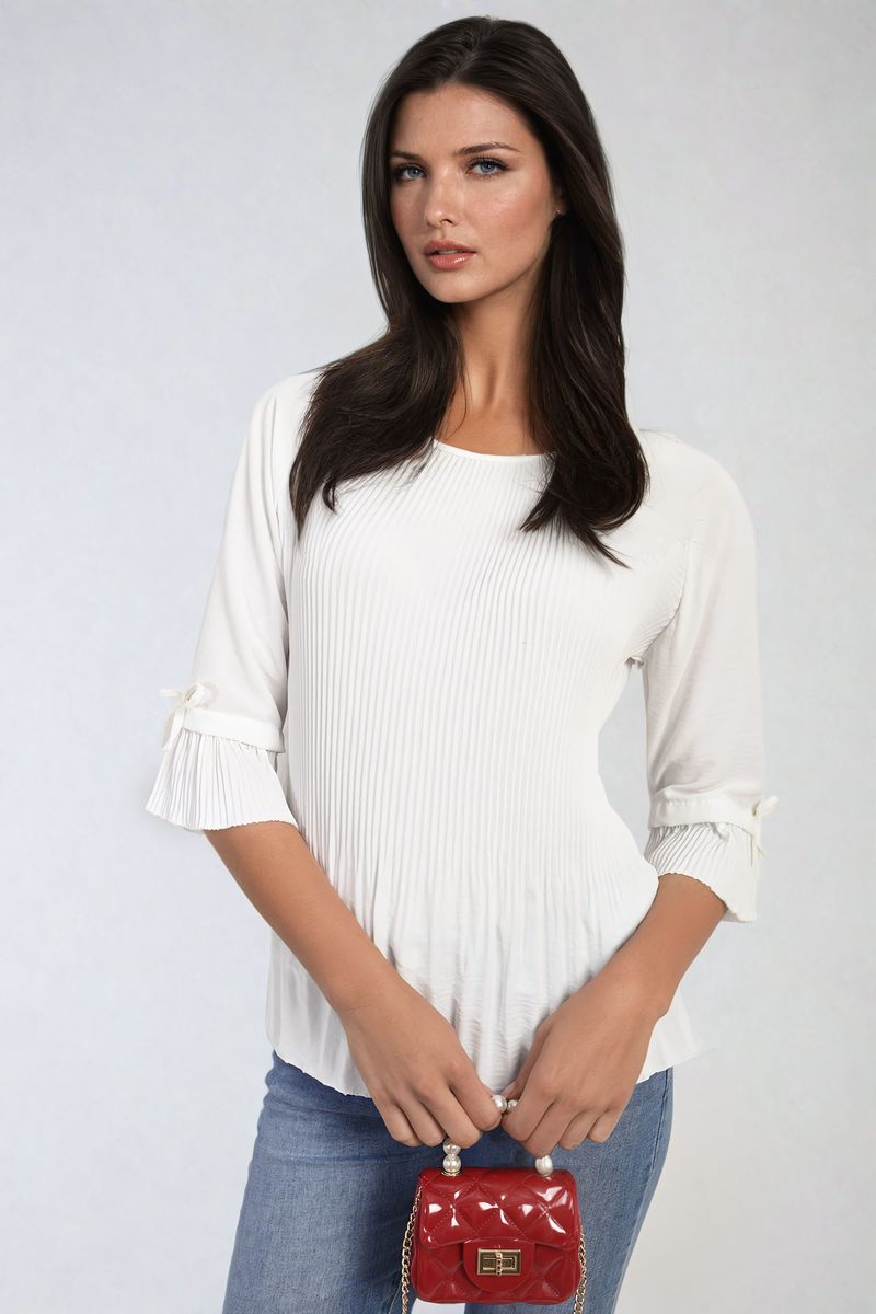 Plisse Pleated Short Bow Sleeve Top-0