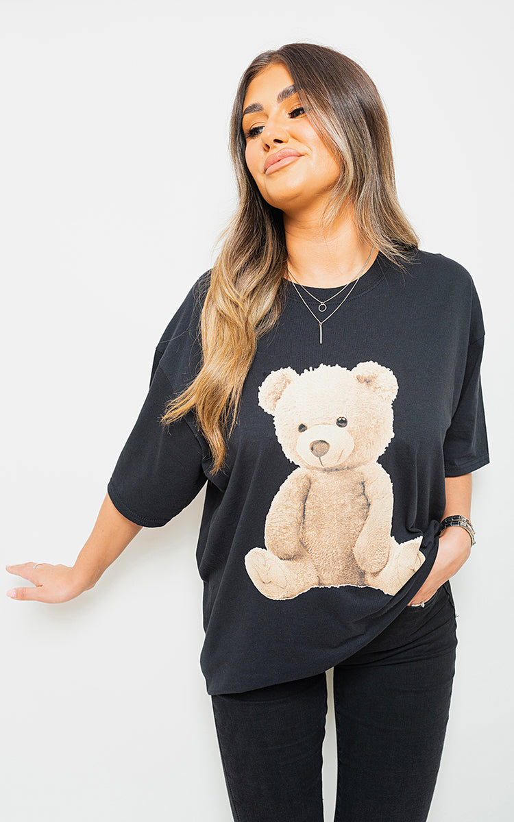 Short Sleeve Teddy Bear Printed Oversized Casual Top-3