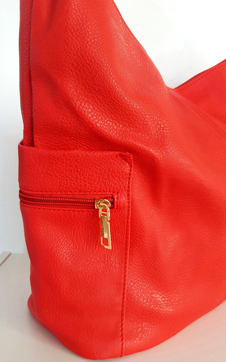 Faux Leather Shoulder Bag with Side Pocket Zip Detail-4