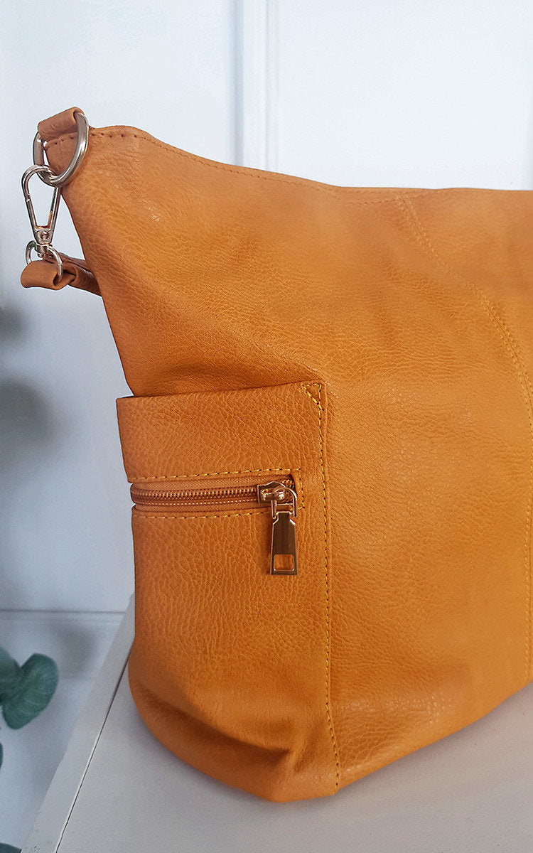 Faux Leather Shoulder Bag with Side Pocket Zip Detail-3