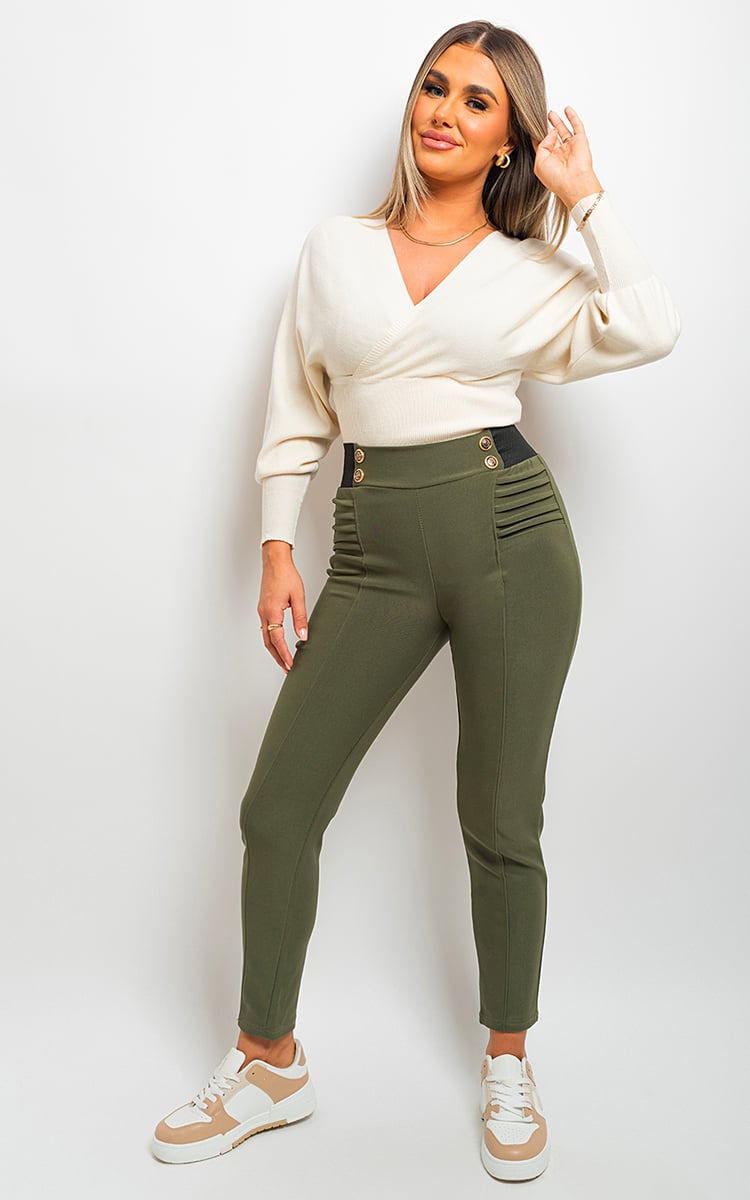 Elastic Waist Button Detail Leggings-2