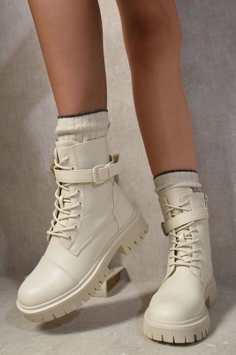 Lace Up Buckle Chunky Combat Boots-6