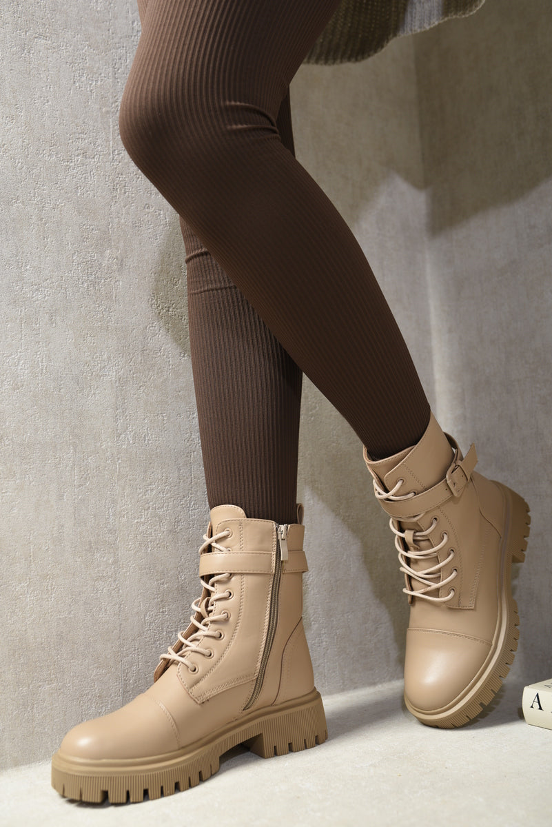 Lace Up Buckle Chunky Combat Boots-3