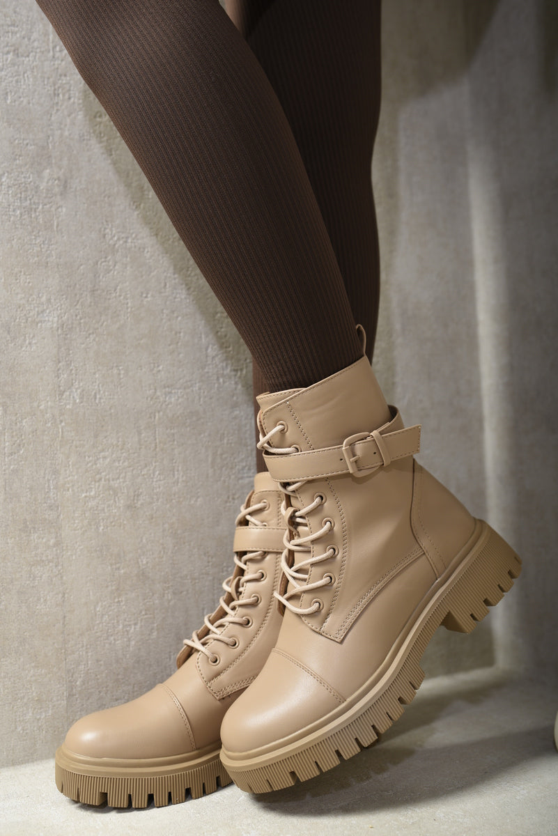 Lace Up Buckle Chunky Combat Boots-4