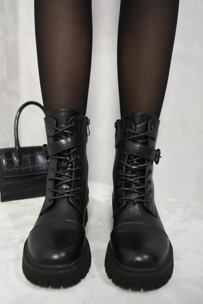 Lace Up Buckle Chunky Combat Boots-0