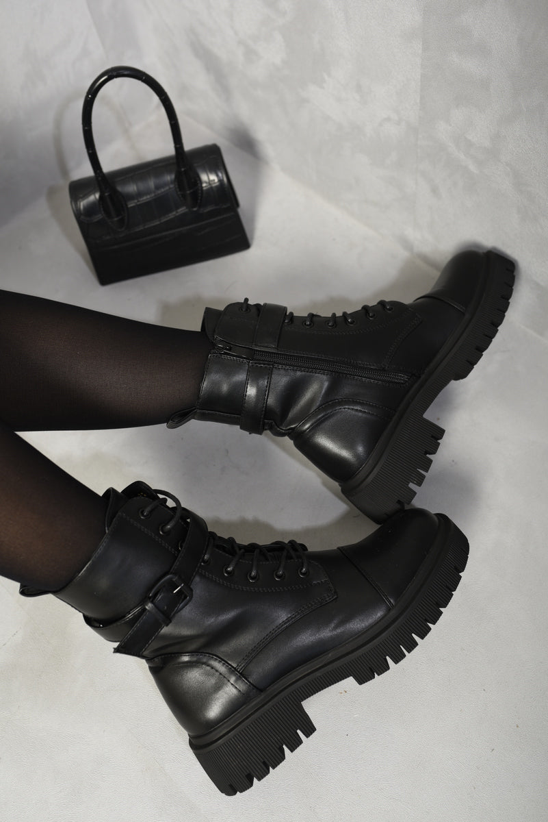 Lace Up Buckle Chunky Combat Boots-2