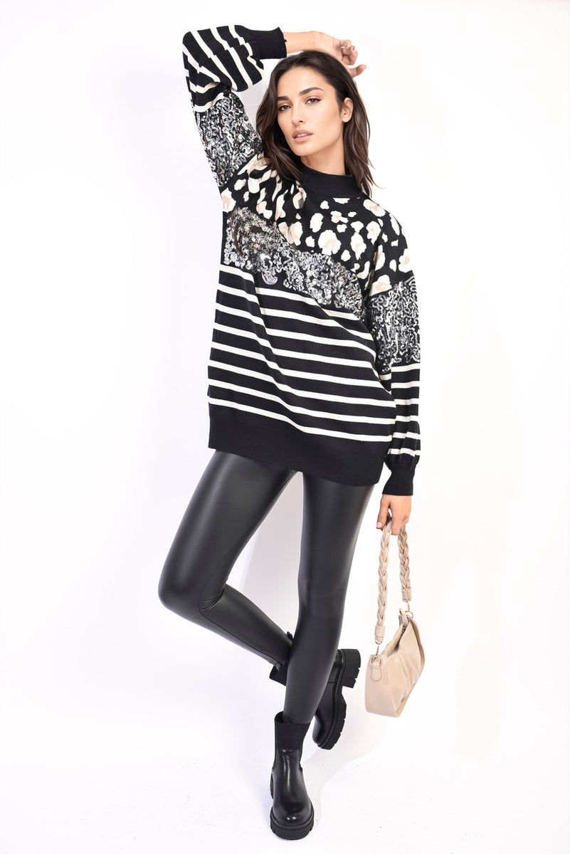 Leopard Sequin High Neck Knitted Jumper-2