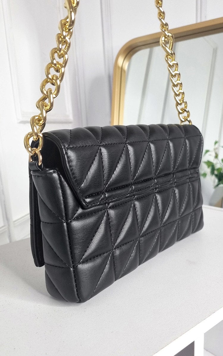 Faux Leather Padded Handbag with Chain Detail-3