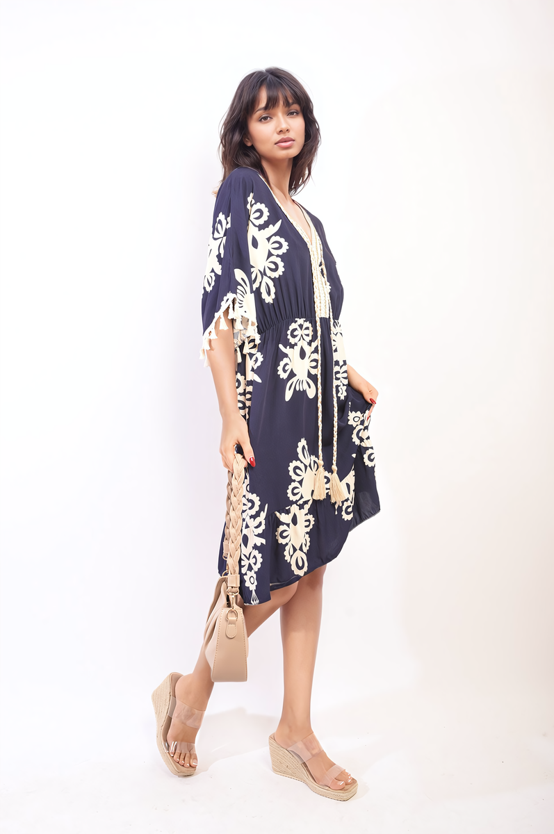 Printed V-Neck Short Sleeve Midi Dress with Tassel Detail-13