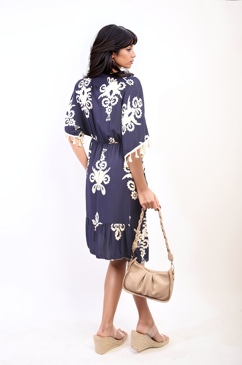 Printed V-Neck Short Sleeve Midi Dress with Tassel Detail-14